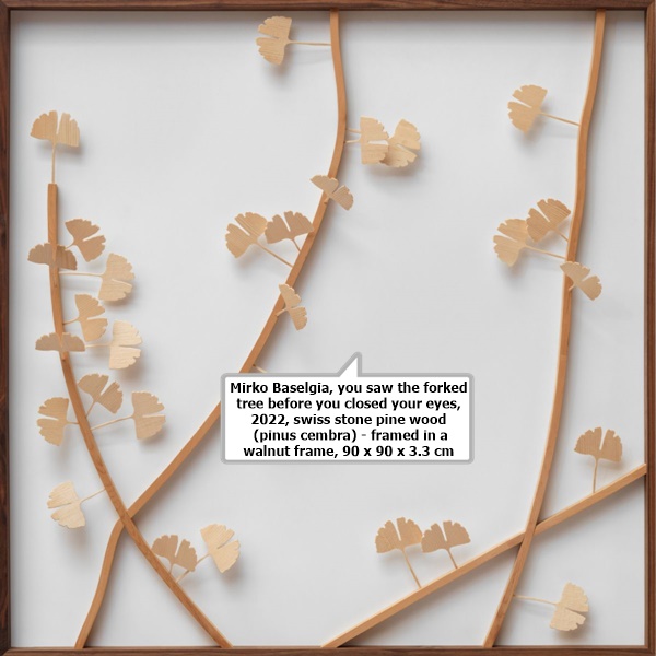 Mirko Baselgia, you saw the forked tree before you closed your eyes, 2022, swiss stone pine wood (pinus cembra) -
framed in a walnut frame, 90 x 90 x 3.3 cm
