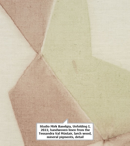 Studio Mirk Baselgia, Unfolding I, 2022, handwoven linen from the Tessandra Val Müstair, larch wood, mineral pigments, detail