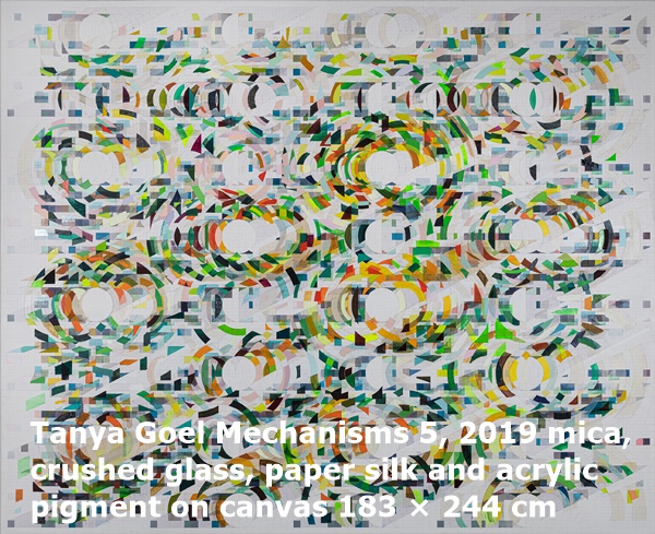 Tanya Goel Mechanisms 5, 2019 mica, crushed glass, paper silk and acrylic pigment on canvas 183 × 244 cm
