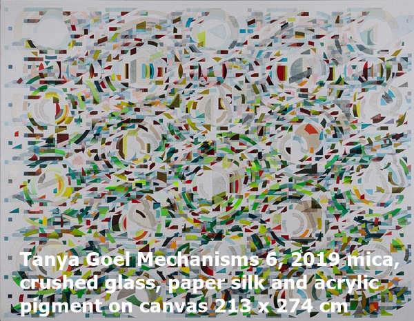 Tanya Goel Mechanisms 6, 2019 mica, crushed glass, paper silk and acrylic pigment on canvas 213 x 274 cm
