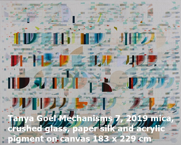 Tanya Goel Mechanisms 7, 2019 mica, crushed glass, paper silk and acrylic pigment on canvas 183 x 229 cm

