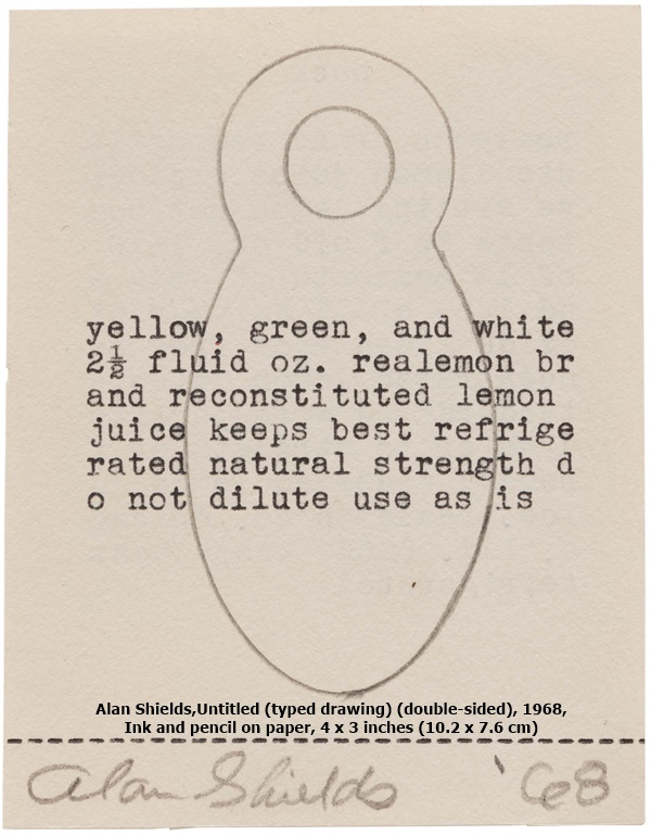 Alan Shields, Untitled (typed drawing) (double-sided), 1968, Ink and pencil on paper, 4 x 3 inches (10.2 x 7.6 cm)