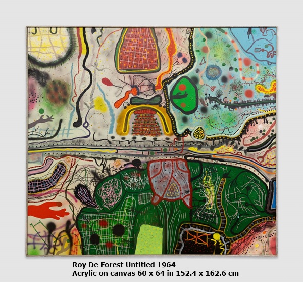 Roy De Forest Life on the Pampas, 1962
Wood, acrylic, polyvinyl acetate, found objects
32 1/2 x 31 1/2 x 6 in 82.5 x 80 x 15.2 cm