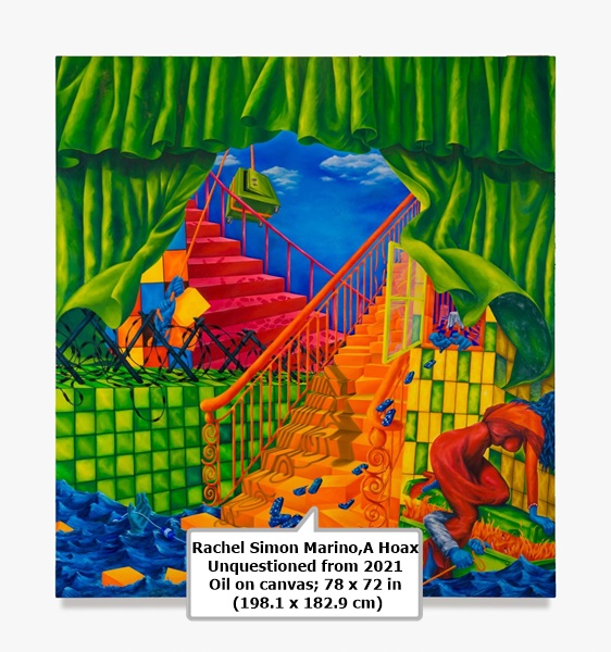 Rachel Simon Marino,A Hoax Unquestioned from 2021 Oil on canvas; 78 x 72 in (198.1 x 182.9 cm)
