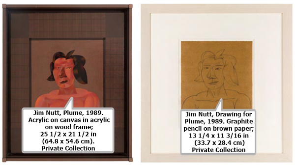 Jim Nutt, Plume, 1989. Acrylic on canvas in acrylic on wood frame; 25 1/2 x 21 1/2 in (64.8 x 54.6 cm). Private Collection.
Jim Nutt, Drawing for Plume, 1989. Graphite pencil on brown paper; 13 1/4 x 11 3/16 in (33.7 x 28.4 cm) Private Collection.