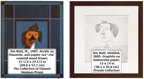 Jim Nutt, M., 1987. Acrylic on Masonite, and papier-mâché covered wood frame; 27 1/2 x 22 1/2 in (69.8 x 57.1 cm) The Collection of Eleanor Heyman Propp.
Jim Nutt, Untitled, 2005. Graphite on watercolor paper; 15 x 14 in (38.1 x 35.6 cm) Private Collection.