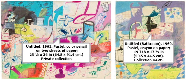 Peter Saul, Untitled, 1961. Pastel, color pencil on two sheets of paper; 25 ½ x 36 in (64.8 x 91.4 cm.) Private collection
Untitled (Bathroom), 1960. Pastel, crayon on paper; 19 7/8 x 17 ½ in (50.5 x 44.5 cm). Collection KAWS