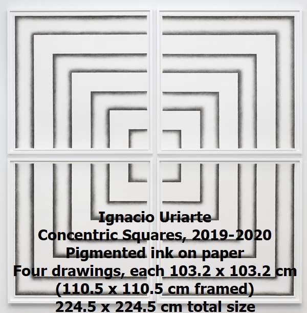 Ignacio Uriarte
Concentric Squares, 2019-2020
Pigmented ink on paper
Four drawings, each 103.2 x 103.2 cm (110.5 x 110.5 cm framed)
224.5 x 224.5 cm total size
