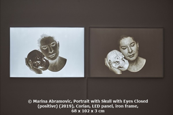 © Marina Abramovič, Portrait with Skull with Eyes Closed (positive) (2019), Corian, LED panel, iron frame, 68 x 102 x 3 cm