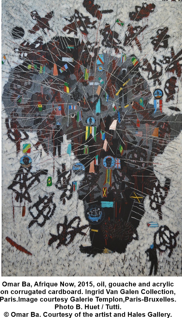 Omar Ba (born in 1977), Afrique Now, 2015, oil, gouache and acrylic on corrugated cardboard. Ingrid Van Galen Collection, Paris. Image courtesy Galerie Templon, Paris-Bruxelles. Photo B. Huet / Tutti. © Omar Ba. Courtesy of the artist and Hales Gallery.
