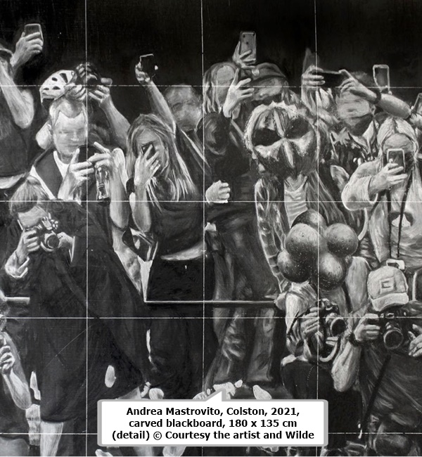 Andrea Mastrovito, Colston, 2021, carved blackboard, 180 x 135 cm (detail) © Courtesy the artist and Wilde