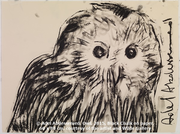 © Adel Abdessemed, Owl, 2015, Black Chalk on paper, 60 x 80 cm, courtesy of the artist and Wilde Gallery 