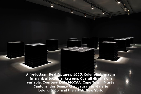 Alfredo Jaar, Real Pictures, 1995. Color photographs in archival boxes, silkscreen. Overall dimensions variable. Courtesy Zeitz MOCAA, Cape Town, Musée Cantonal des Beaux-Arts, Lausanne, Galerie Lelong & Co. and the artist, New York. 
